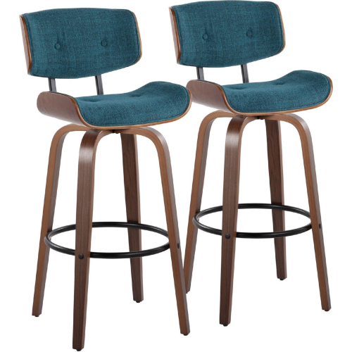 Lombardi 30" Swivel Bar Stool in Walnut Wood & Teal Fabric w/ Black Footrest (Set of 2)